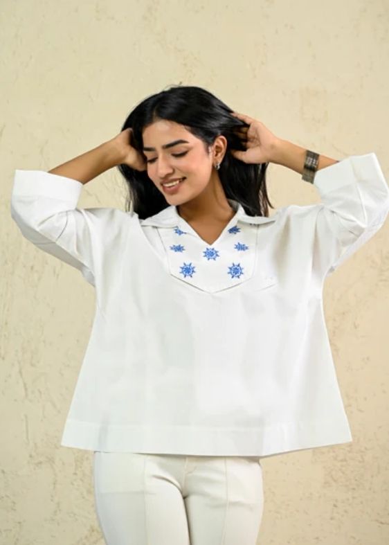 White Poplin Embroidery Top