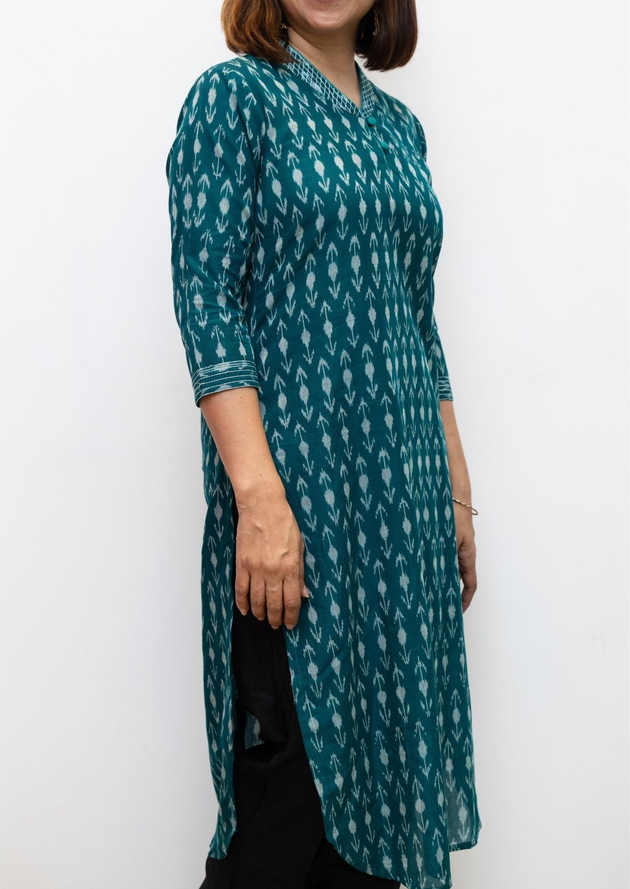Green Leah Superfine Silk Cotton Ikkat Kurta