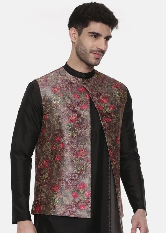 Rust Pink Printed Open silk jacket