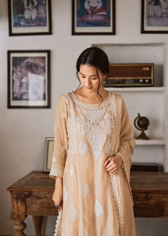 Beige Pure Tissue Embroidered Suit