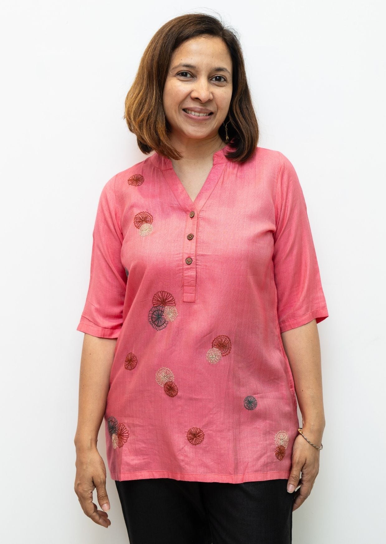 Pink Porgai Embroidery Chiness Collar Tussar Cotton Tunic