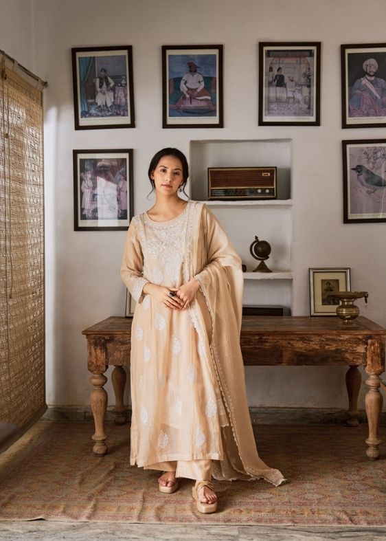 Beige Pure Tissue Embroidered Suit