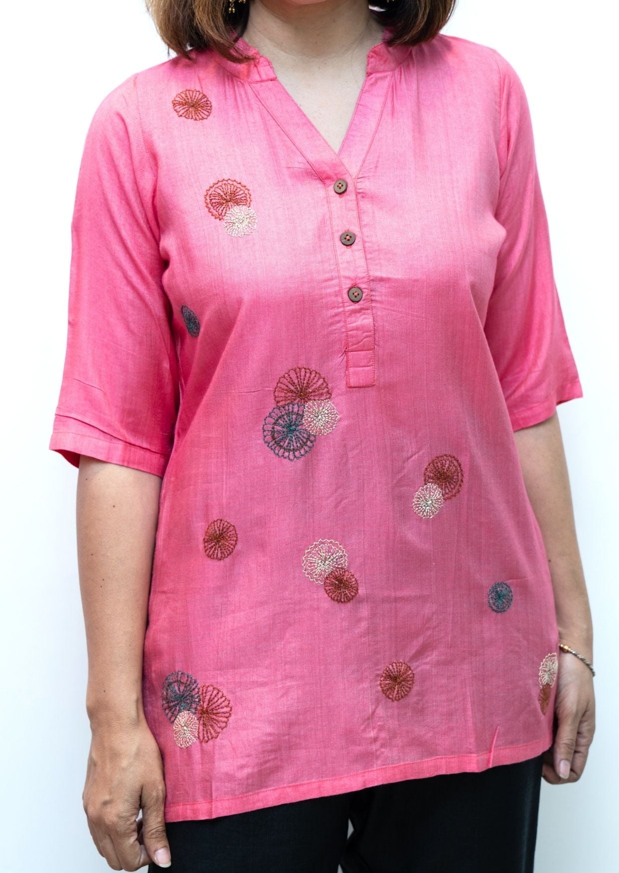 Pink Porgai Embroidery Chiness Collar Tussar Cotton Tunic