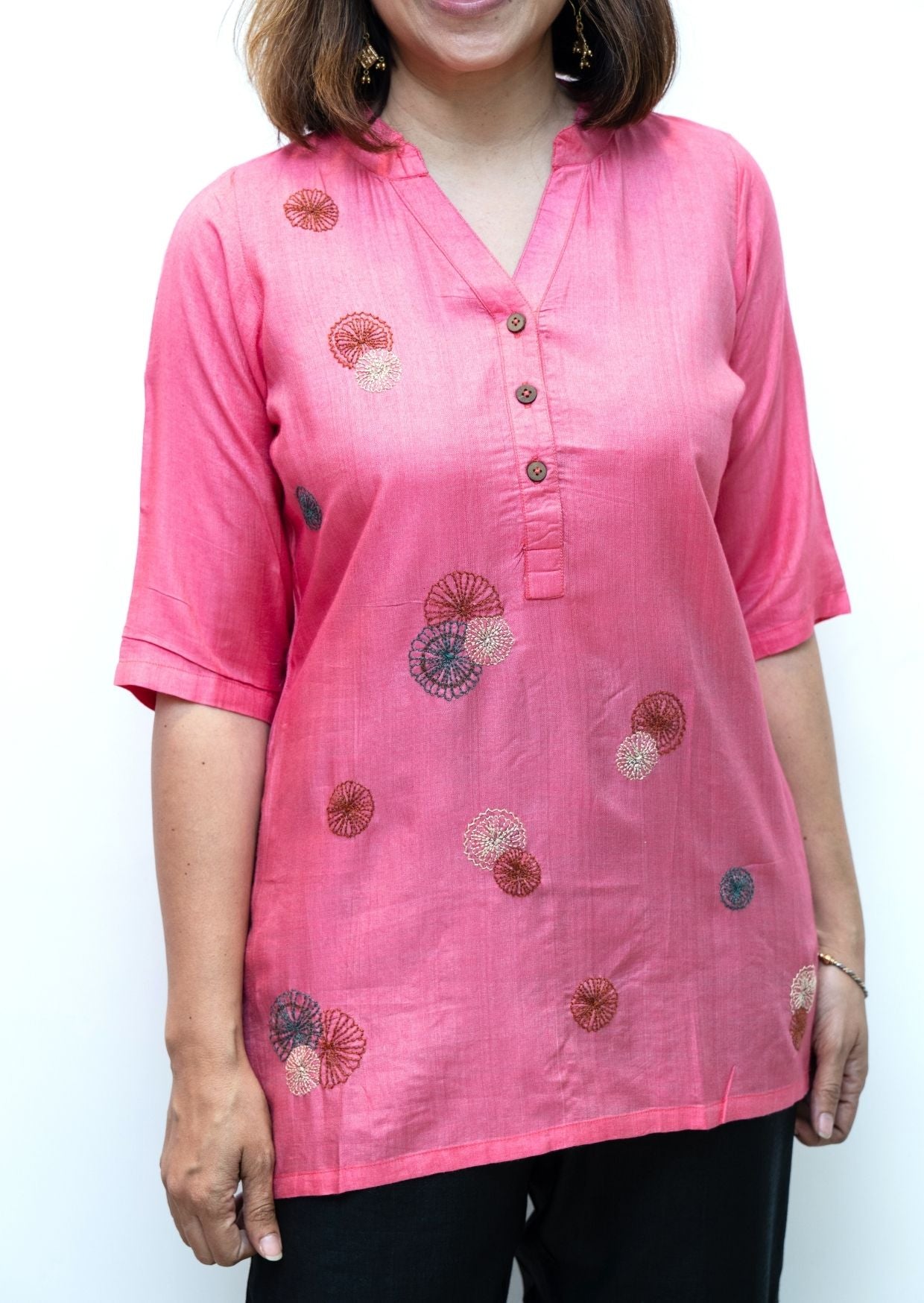 Pink Porgai Embroidery Chiness Collar Tussar Cotton Tunic