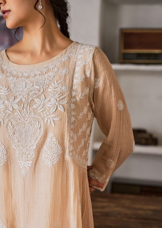 Beige Pure Tissue Embroidered Suit