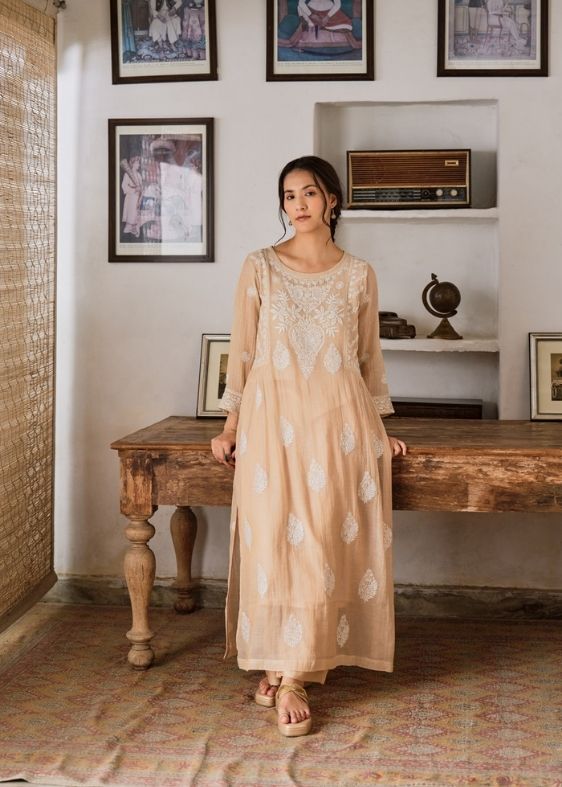 Beige Pure Tissue Embroidered Suit