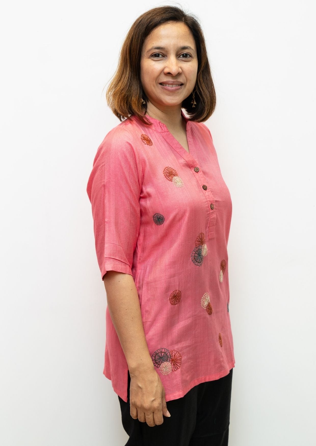 Pink Porgai Embroidery Chiness Collar Tussar Cotton Tunic