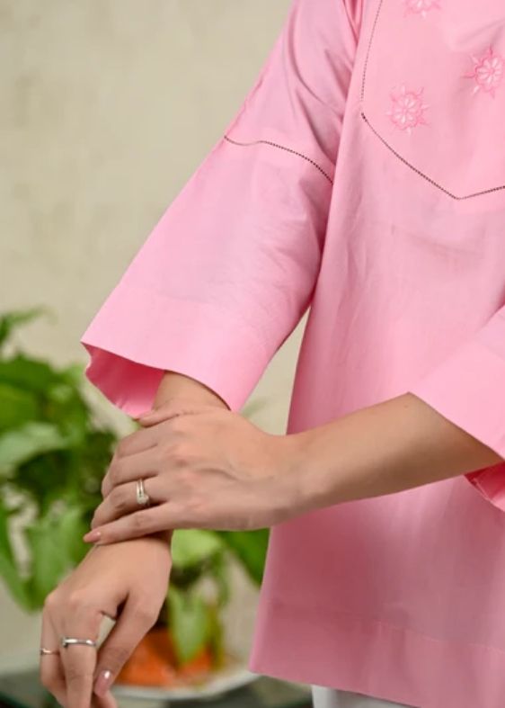 Pink Poplin Embroidery Top