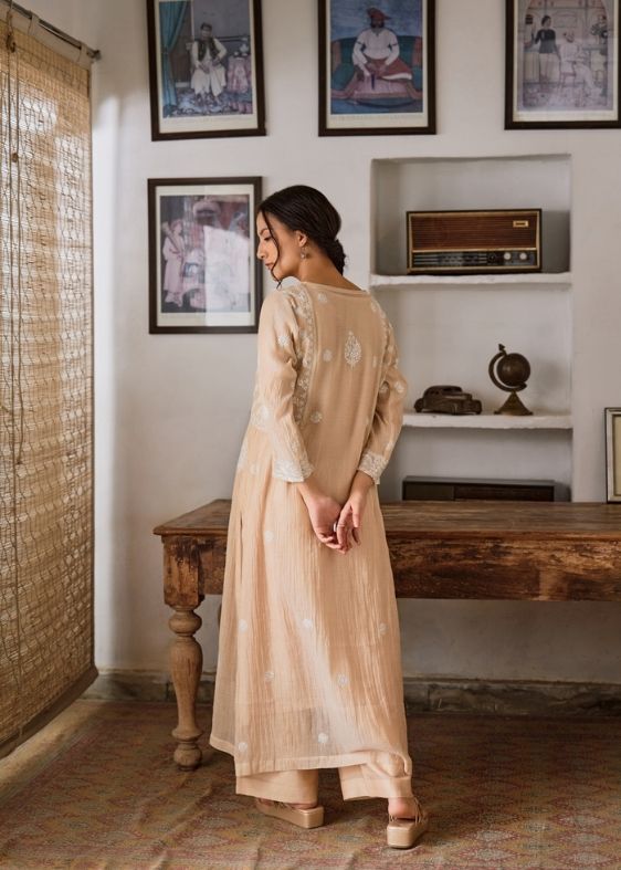 Beige Pure Tissue Embroidered Suit