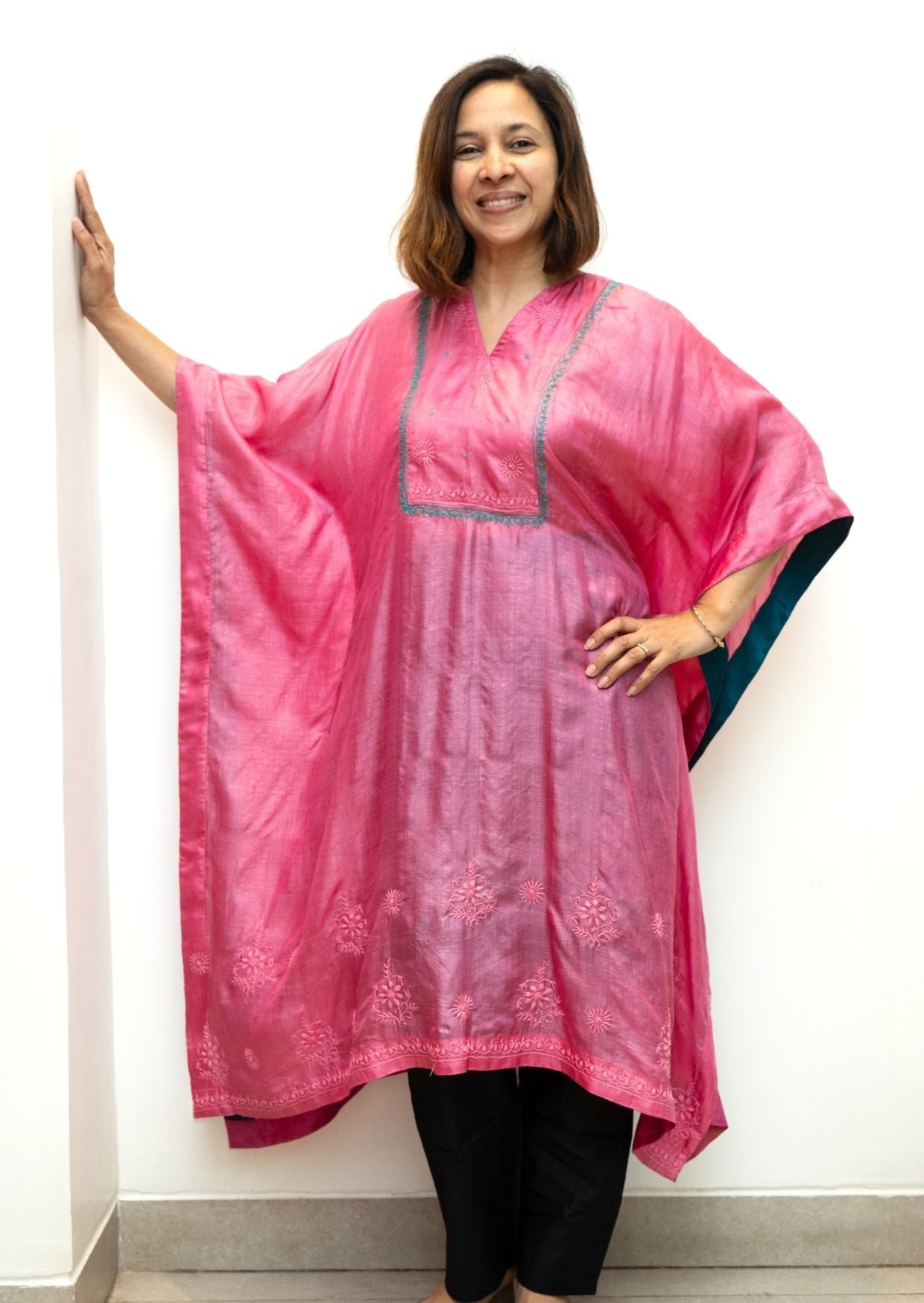 Pink Chikankari Embroidery Tussar Silk Kaftan
