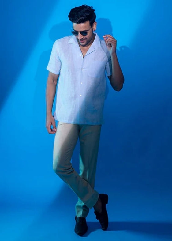 Pure Linen Half Sleeve Shirt-Light Blue