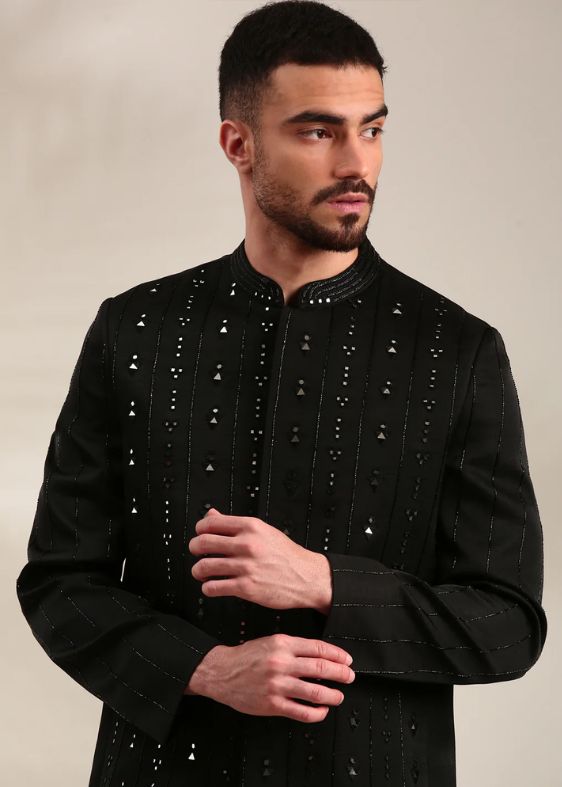 Black Slub Silk Embroidered Bandhgala