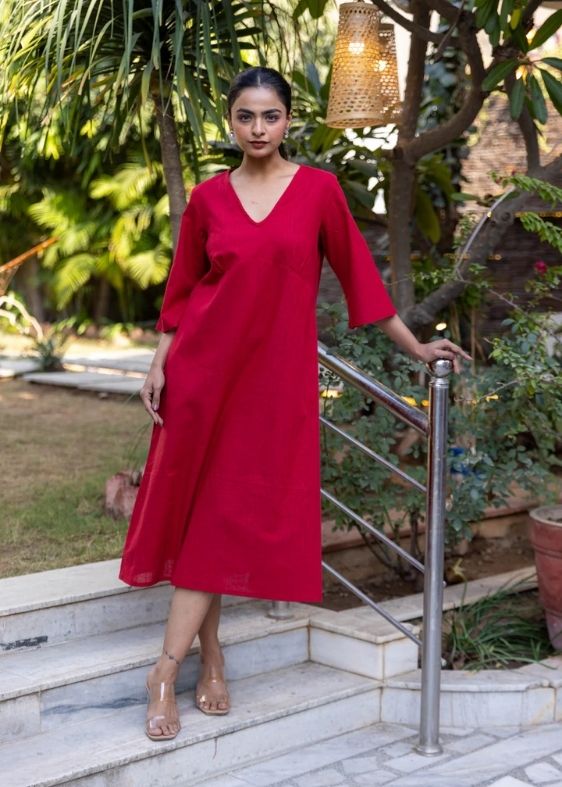 Cotton Slub Yoke Dress- Maroon