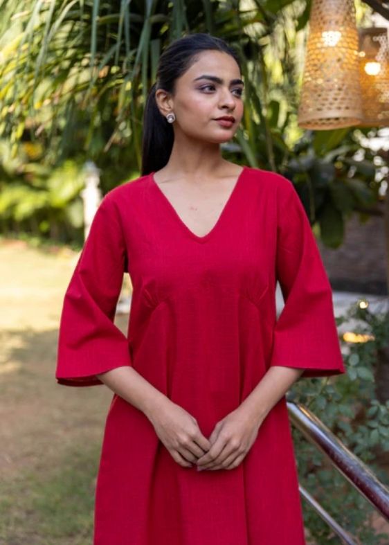 Cotton Slub Yoke Dress- Maroon