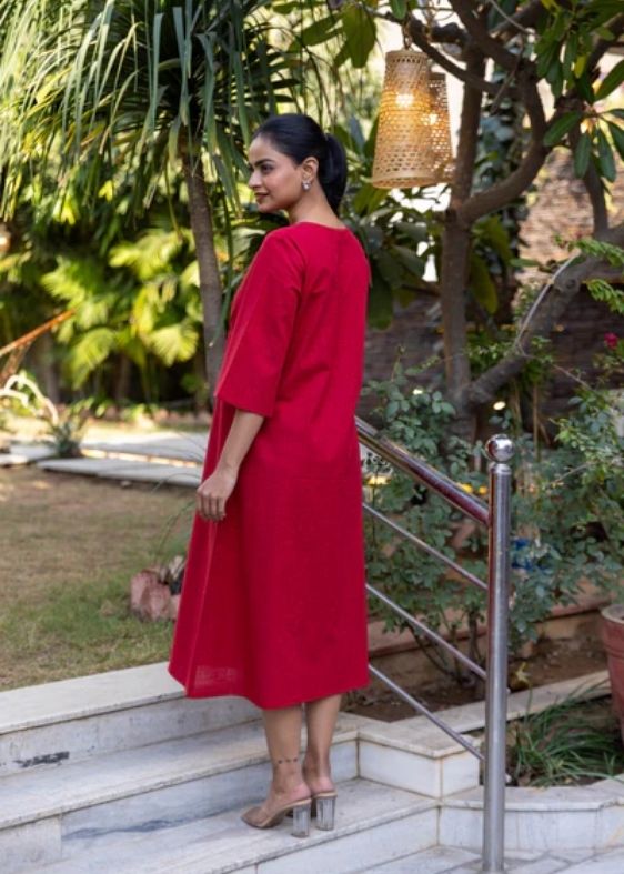 Cotton Slub Yoke Dress- Maroon