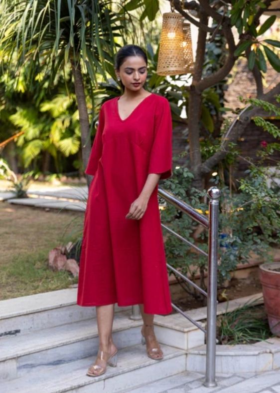 Cotton Slub Yoke Dress- Maroon