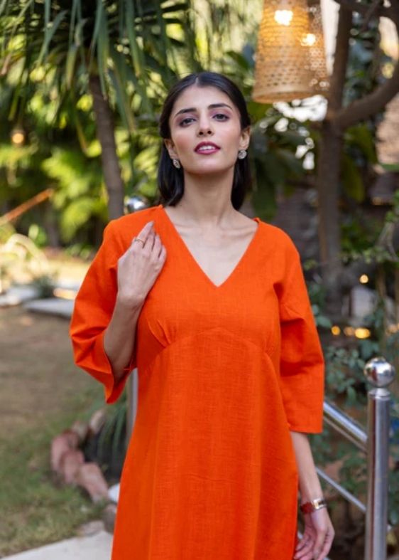 Cotton Slub Yoke Dress- Orange