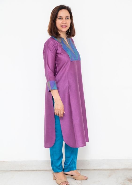 Purple Deepam Neck Tussar Long kurta