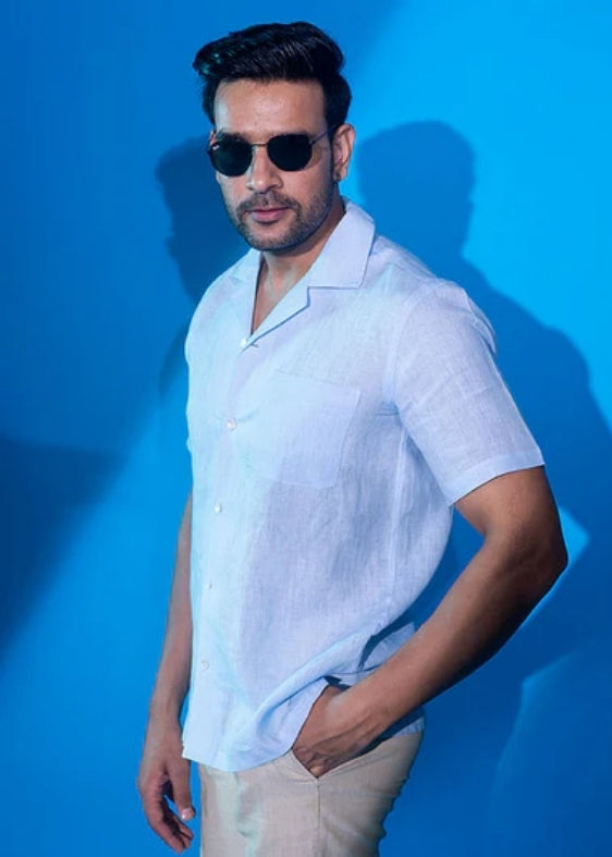 Pure Linen Half Sleeve Shirt-Light Blue