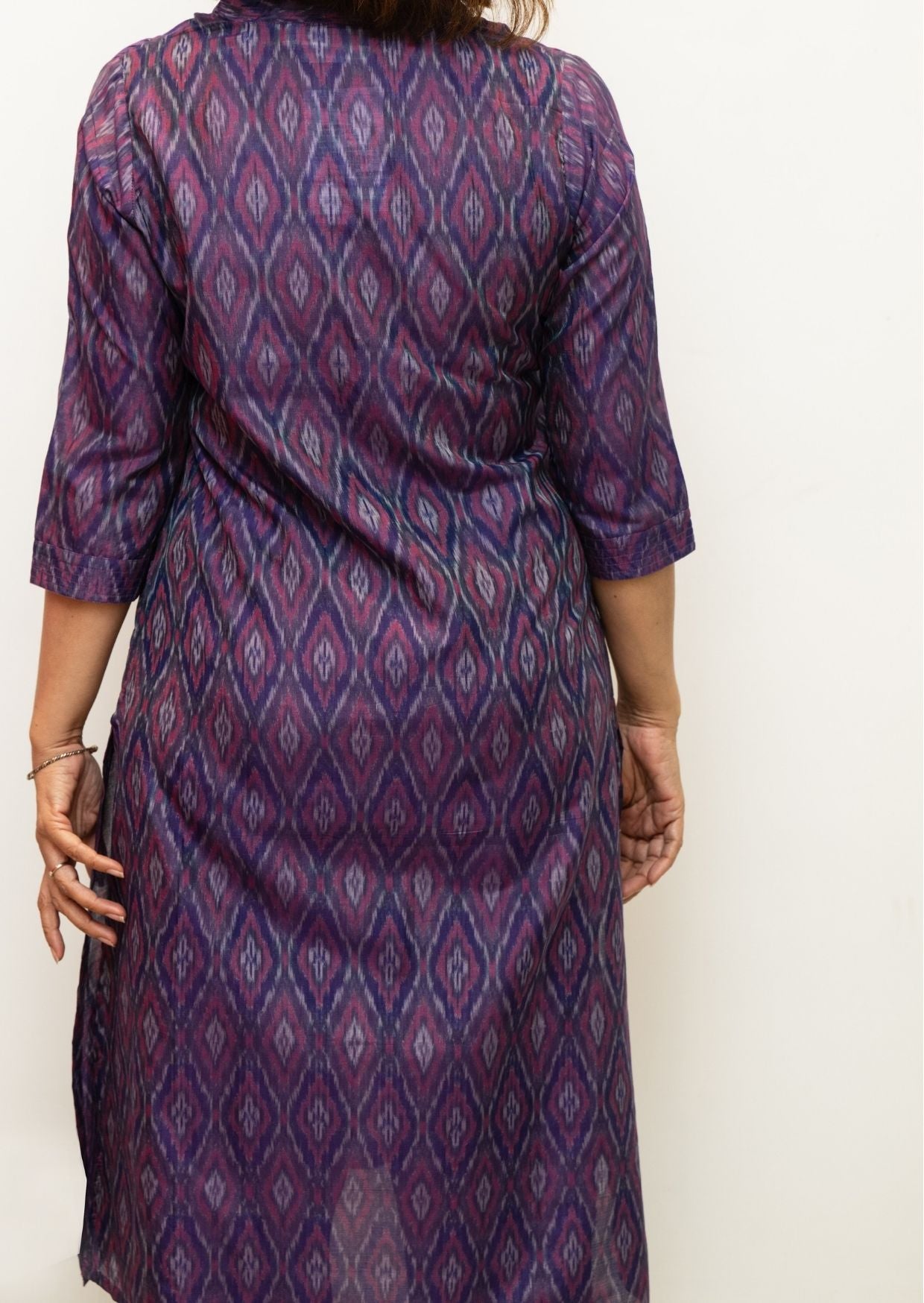 Purple V Neck Stitchline Superfine Ikkat Cotton Kurta