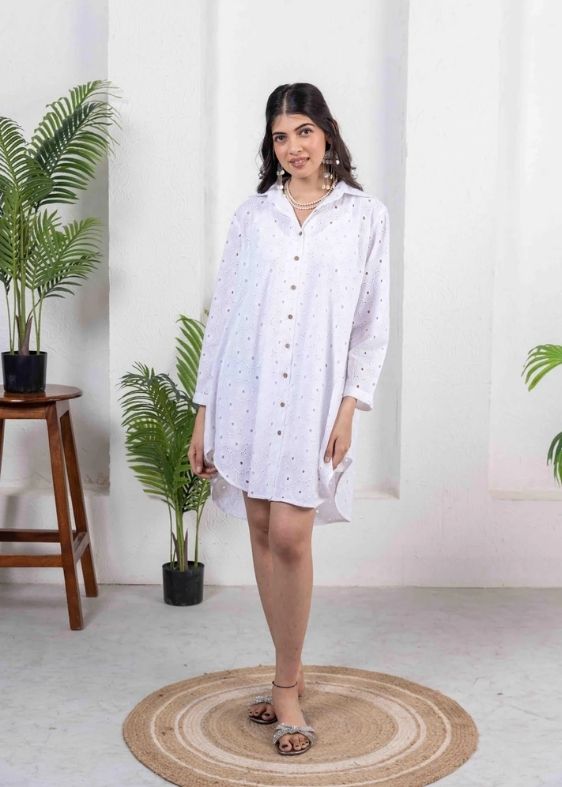 Schiffli Shirt Dress-White