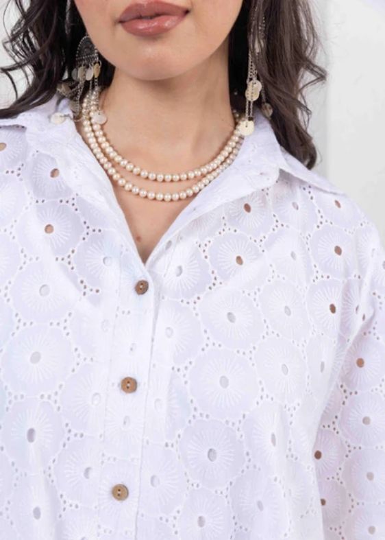Schiffli Shirt Dress-White