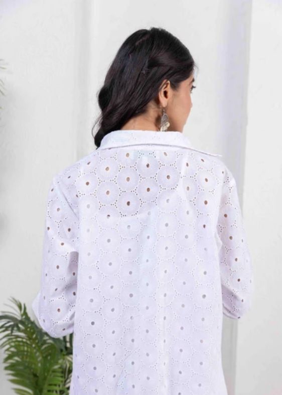 Schiffli Shirt Dress-White