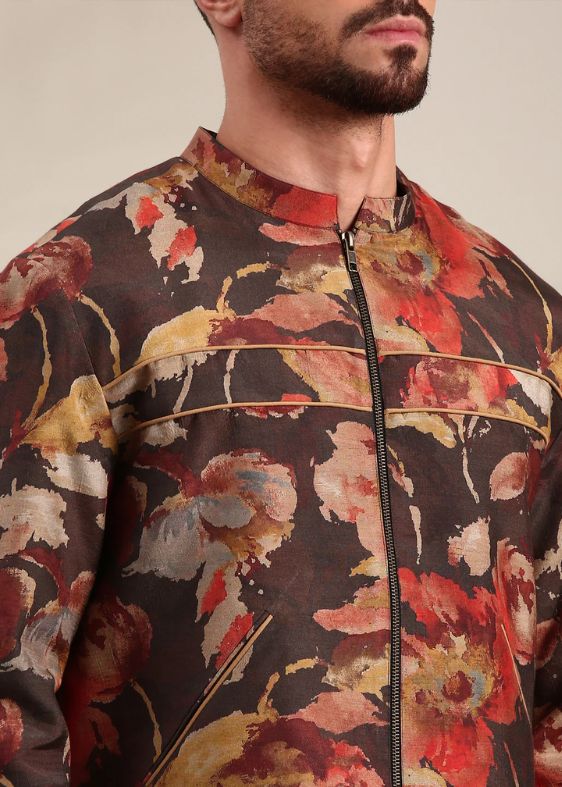 Brown Printed Silk Muslin Bomber Jacket