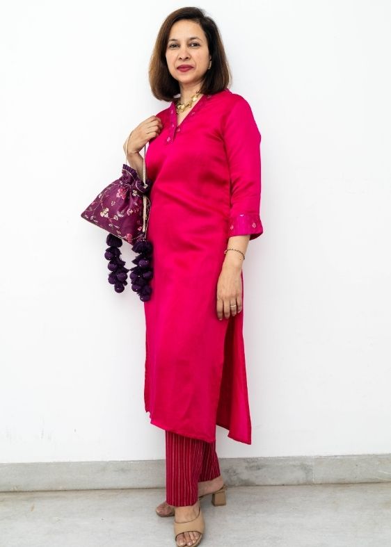 Pink Brocade V neck Long kurta