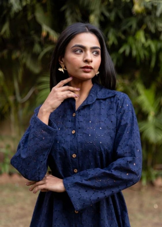 Schiffli Shirt Dress-Blue