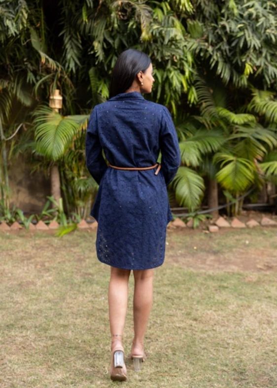 Schiffli Shirt Dress-Blue