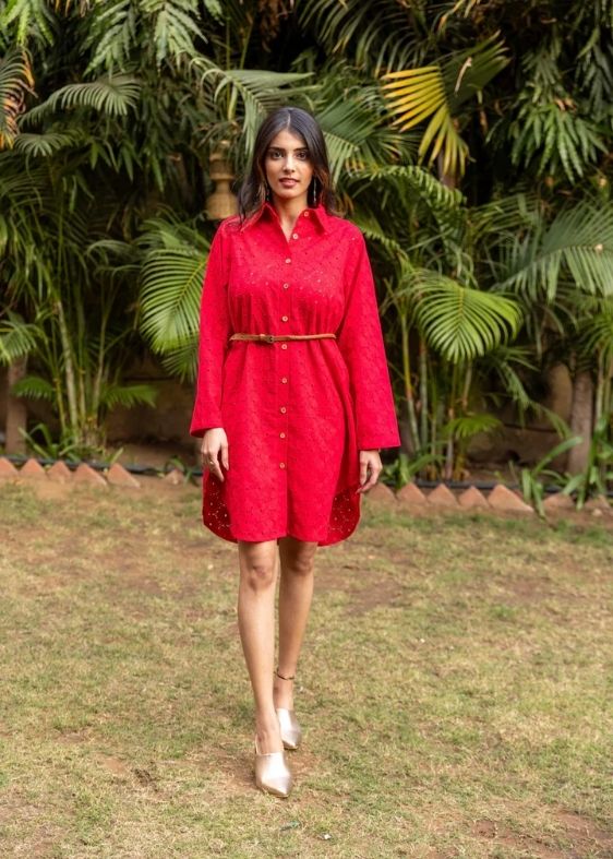 Schiffli Shirt Dress-Red