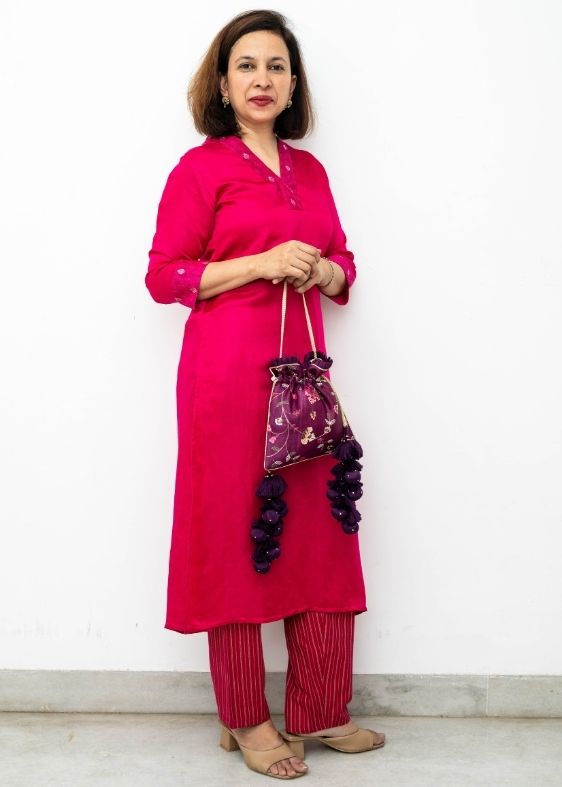 Pink Brocade V neck Long kurta