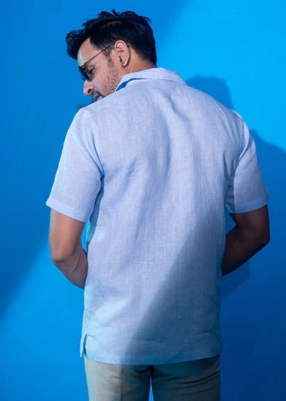 Pure Linen Half Sleeve Shirt-Light Blue