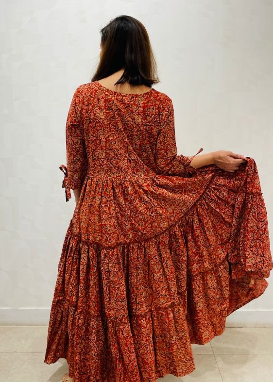 Red kalamkari 3 tier dress