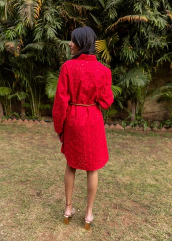 Schiffli Shirt Dress-Red