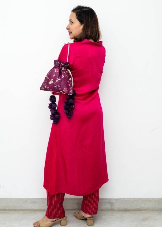 Pink Brocade V neck Long kurta