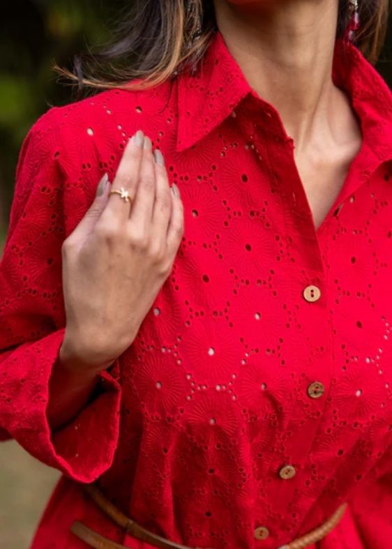 Schiffli Shirt Dress-Red