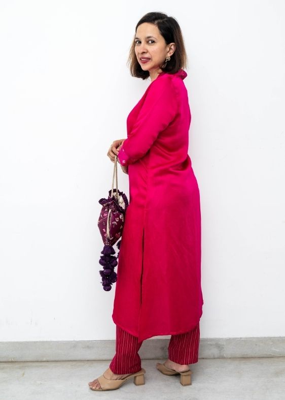 Pink Brocade V neck Long kurta