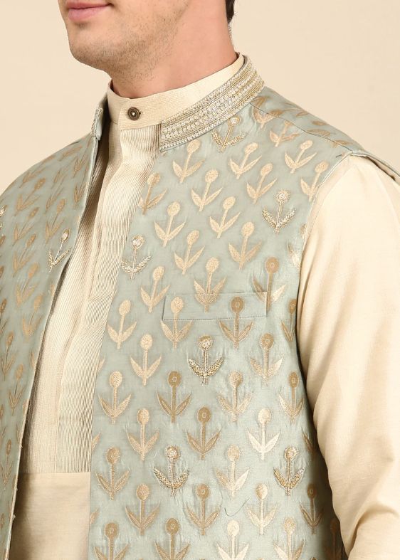 Pista Green Banarasi Silk Jaquard Long Open Jacket