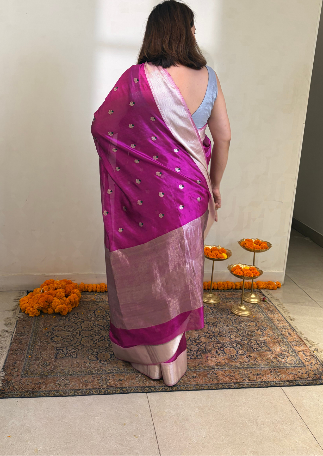 Purple Silver Border Boota Silk Chanderi Saree