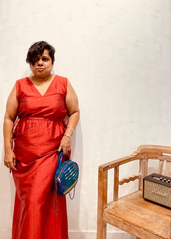 Red Raw Silk V neck Dress