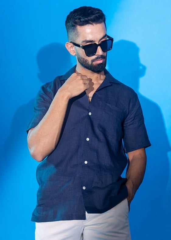 Pure Linen Half Sleeve Shirt-Navy