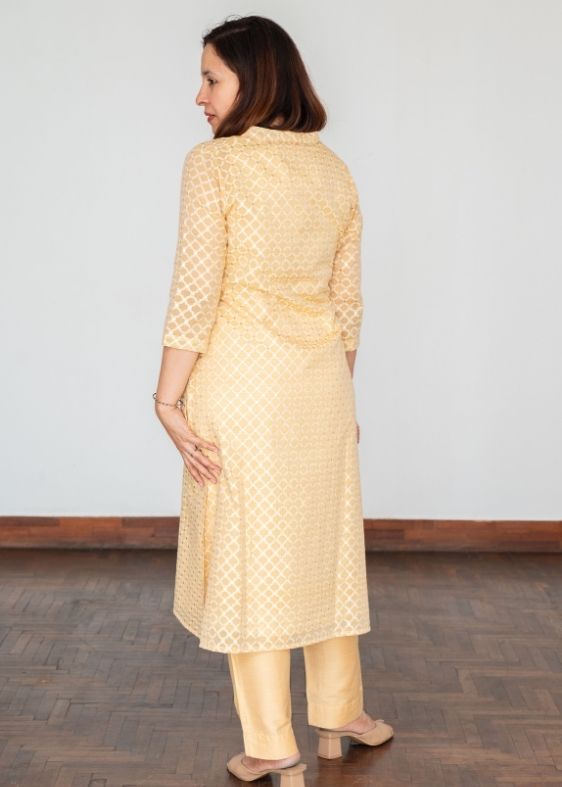 Beige Banarasi Silk Cotton Long kurta