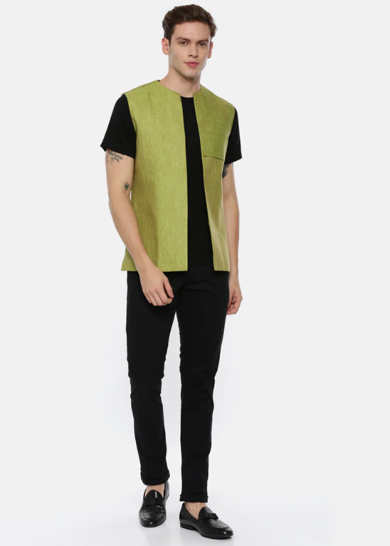 Mustard Green Linen Open Jacket