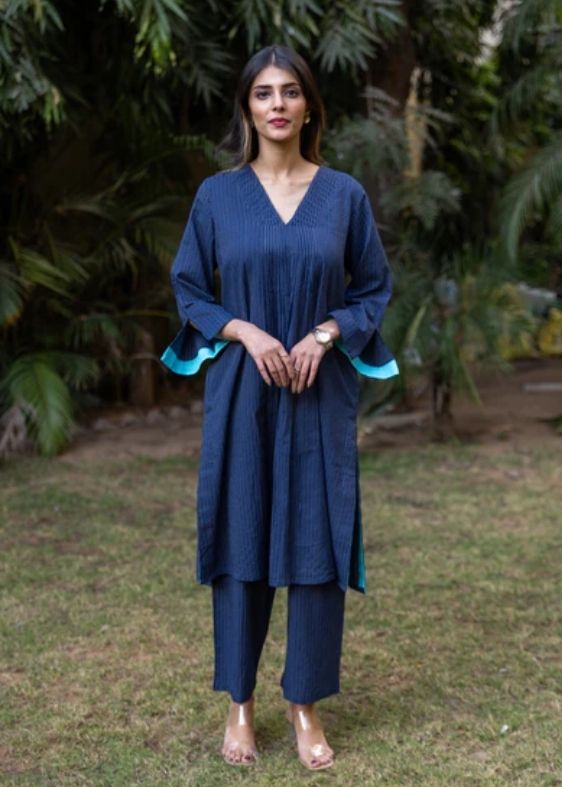 Cotton kantha co-ord set- Navy