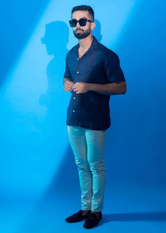 Pure Linen Half Sleeve Shirt-Navy