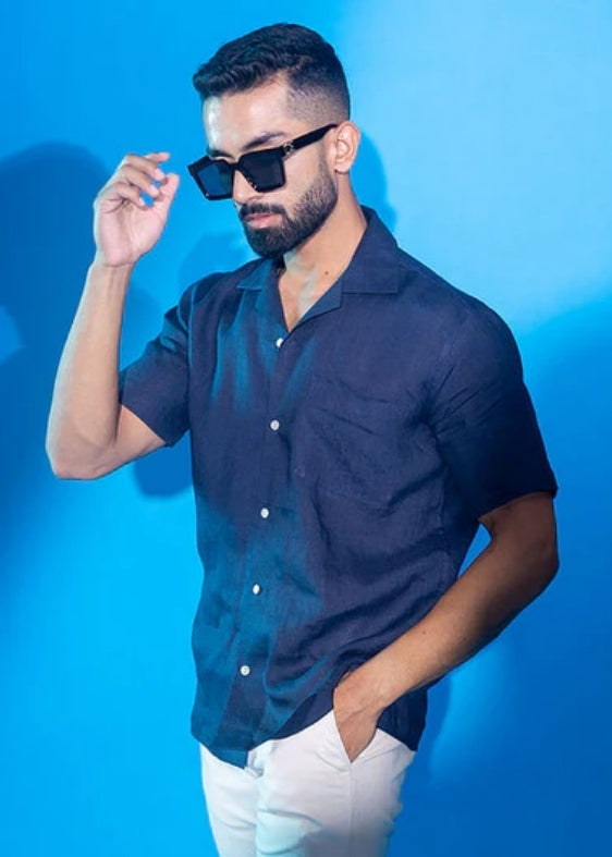 Pure Linen Half Sleeve Shirt-Navy