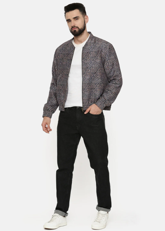 Blue Beige Linen Bomber Printed Jacket