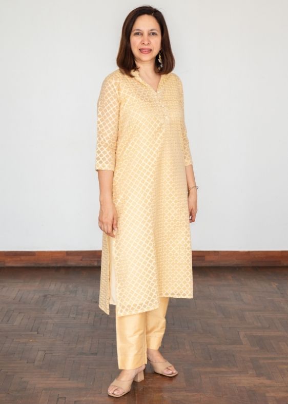 Beige Banarasi Silk Cotton Long kurta